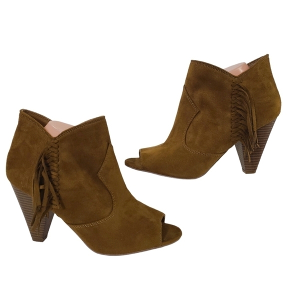 Indigo Road Rd Irfume Peep Toe Heeled Fringe Ankle Boots- Faux Suede Camel Brown - Picture 1 of 12
